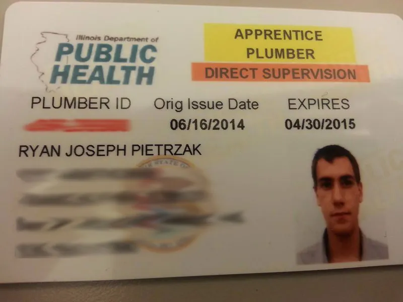 Ryan Pietrzak — Illinois Apprentice Plumber ID issued by the Illinois Department of Public Health, June 2014